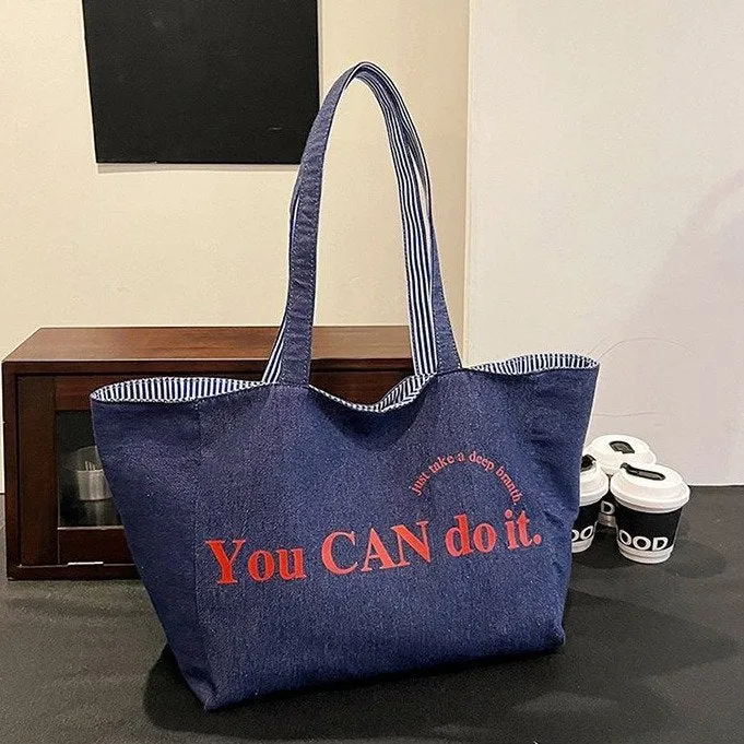 Large capacity double-sided striped canvas tote bag in striped blue, soft horizontal square shape