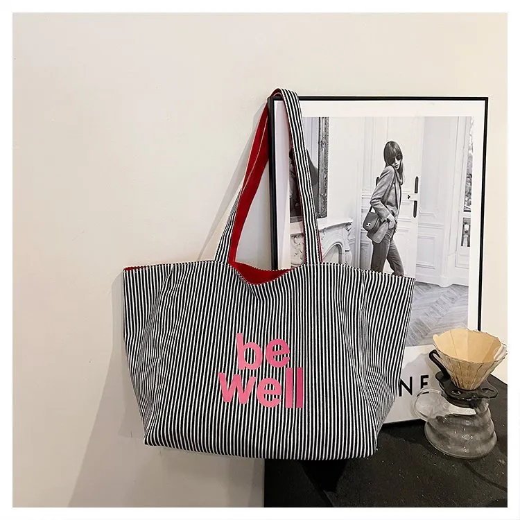 Large capacity double-sided striped canvas tote bag in striped blue, soft horizontal square shape