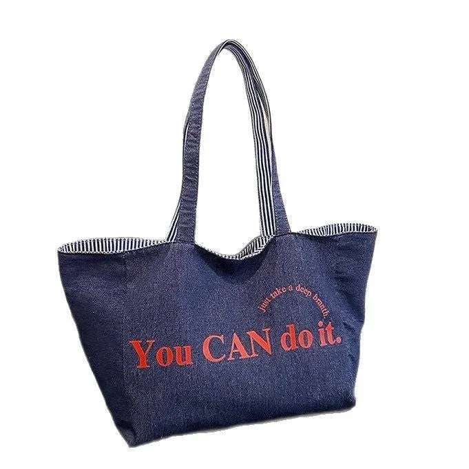 Large capacity double-sided striped canvas tote bag in striped blue, soft horizontal square shape