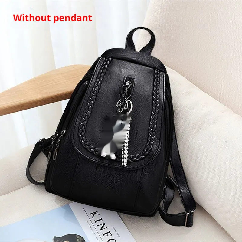 Soft PU leather dual-use chest backpack for ladies in black with visible sewing thread and zippered compartments