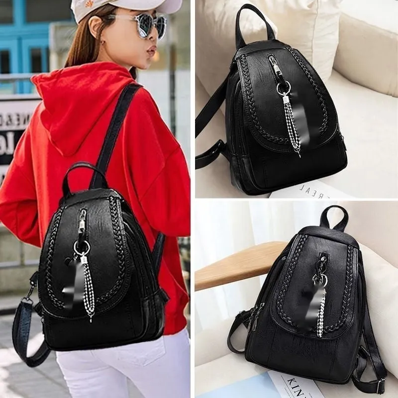 Soft PU leather dual-use chest backpack for ladies in black with visible sewing thread and zippered compartments
