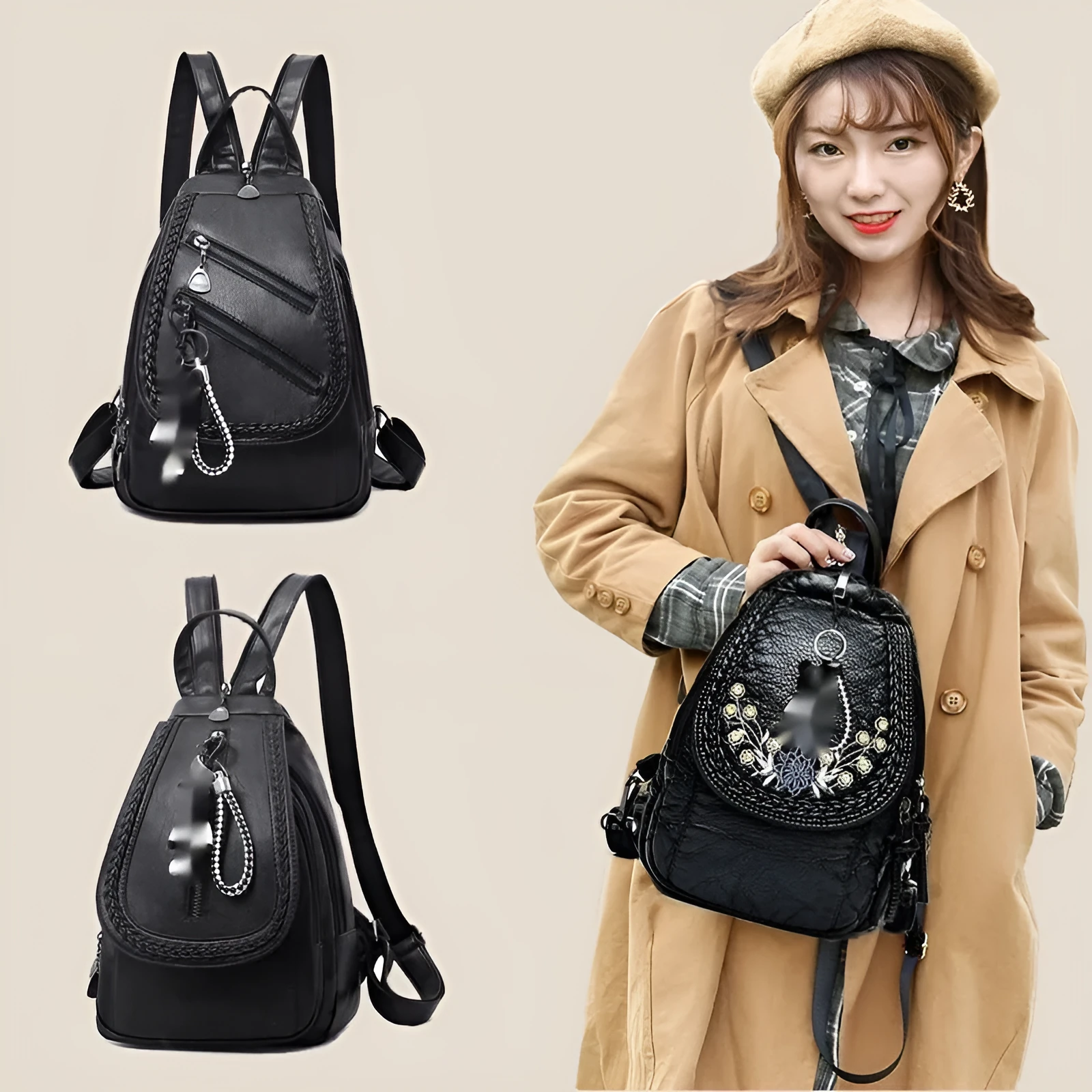 Soft PU leather dual-use chest backpack for ladies in black with visible sewing thread and zippered compartments