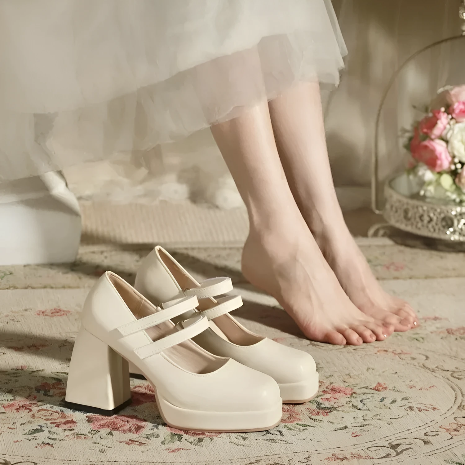 White Mary Jane chunky heel wedding shoes with square toe and buckle closure on a white background