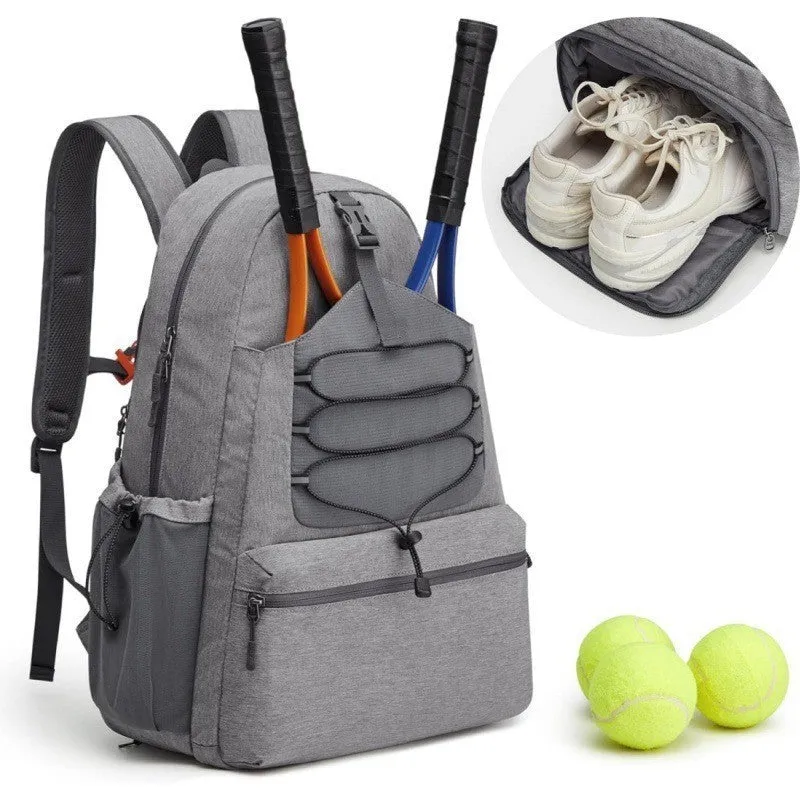 Neutral polyester tennis backpack large peak ball bag holds 4 rackets with shoes compartment in black gray and beige colors