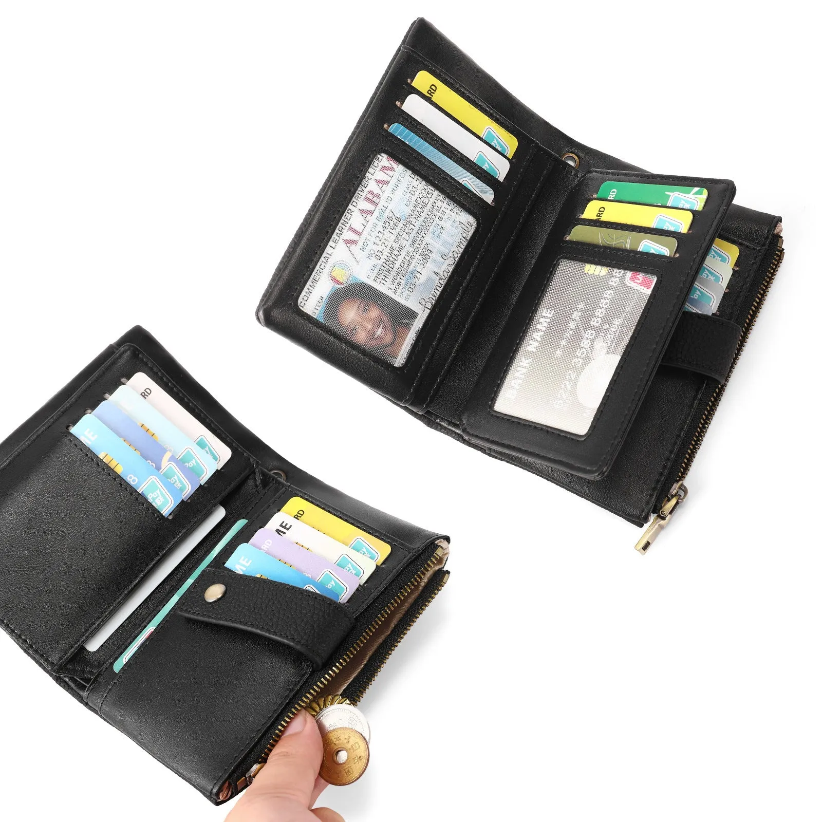 Genuine leather women's anti-theft wallet clutch in midnight black with zip closure and coin purse