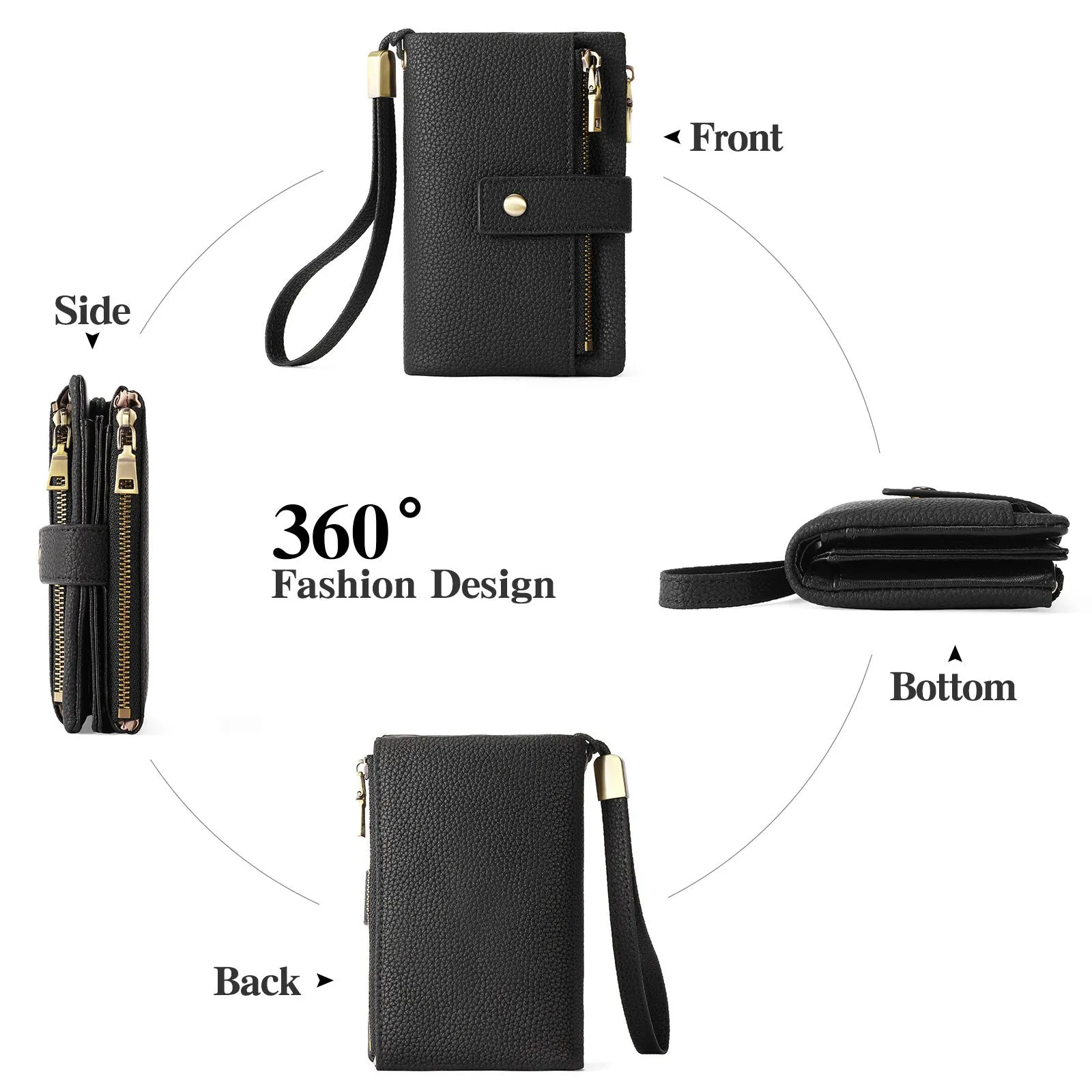 Genuine leather women's anti-theft wallet clutch in midnight black with zip closure and coin purse