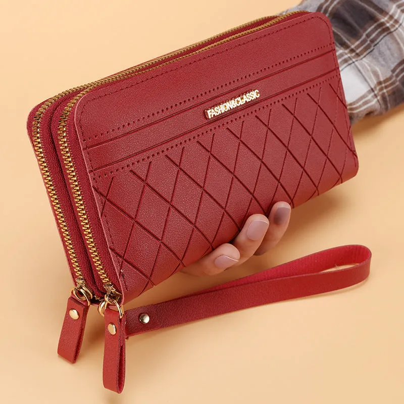 Women's long double zipper wallet in PU leather with multiple card slots – 19cm length, 10.5cm width