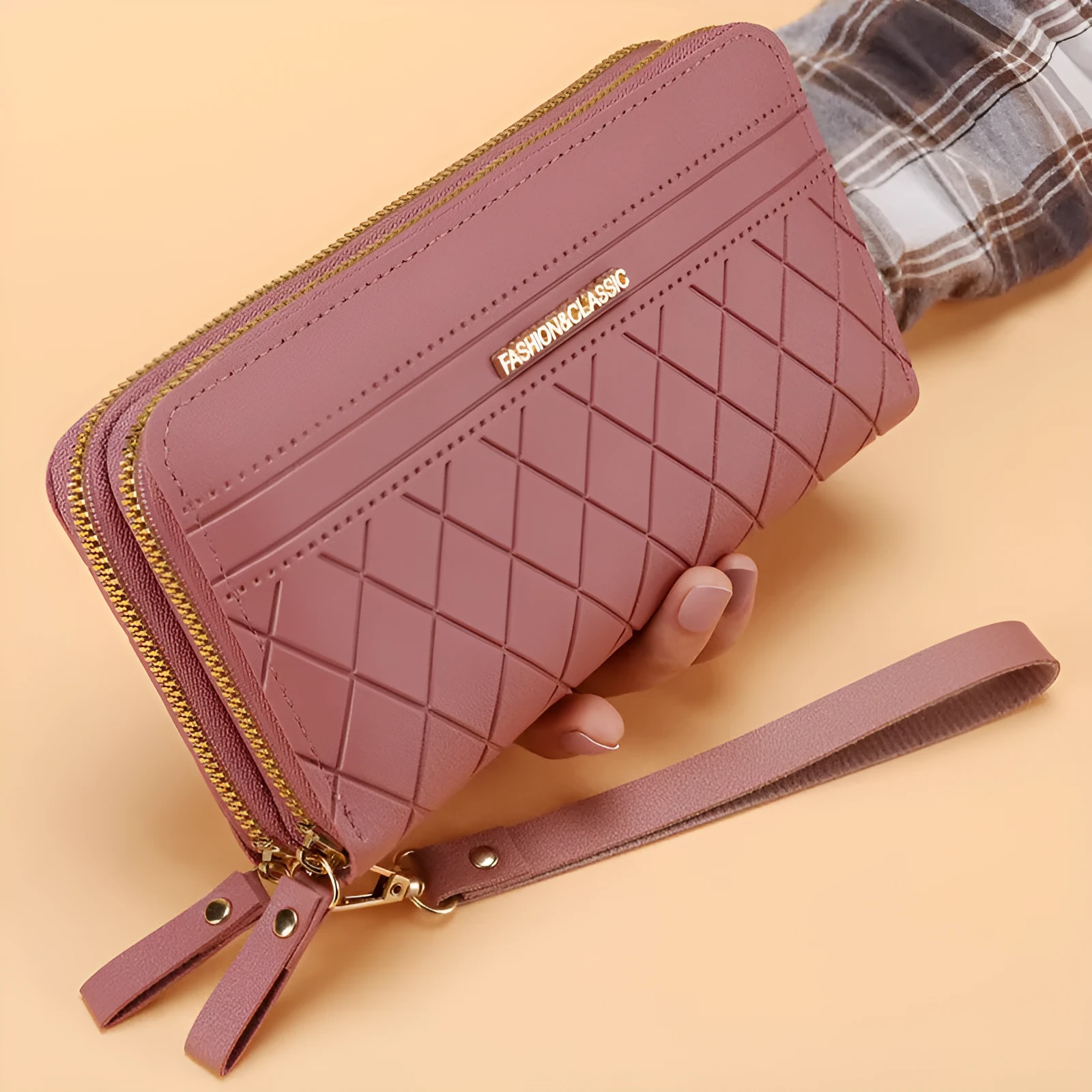 Women's long double zipper wallet in PU leather with multiple card slots – 19cm length, 10.5cm width