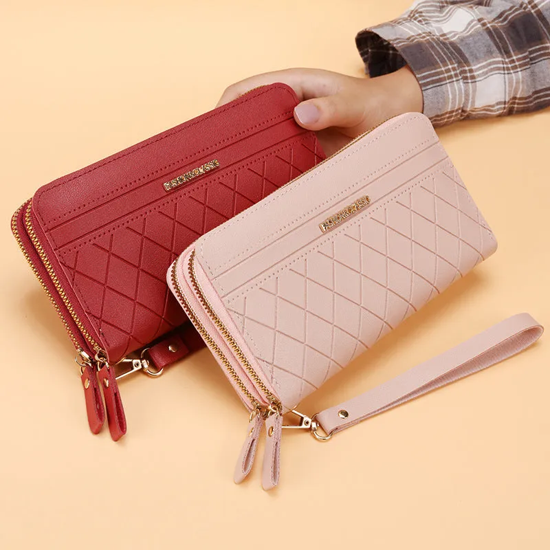 Women's long double zipper wallet in PU leather with multiple card slots – 19cm length, 10.5cm width