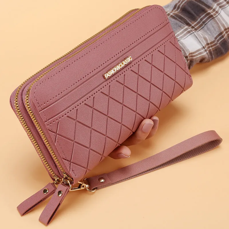 Women's long double zipper wallet in PU leather with multiple card slots – 19cm length, 10.5cm width