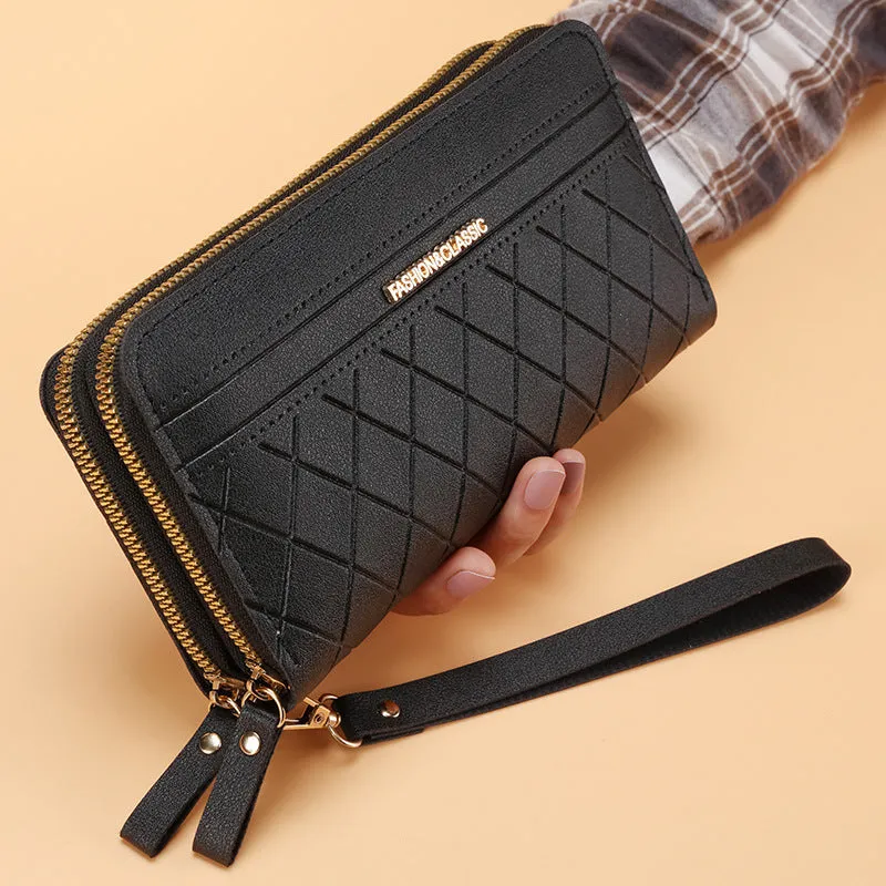 Women's long double zipper wallet in PU leather with multiple card slots – 19cm length, 10.5cm width