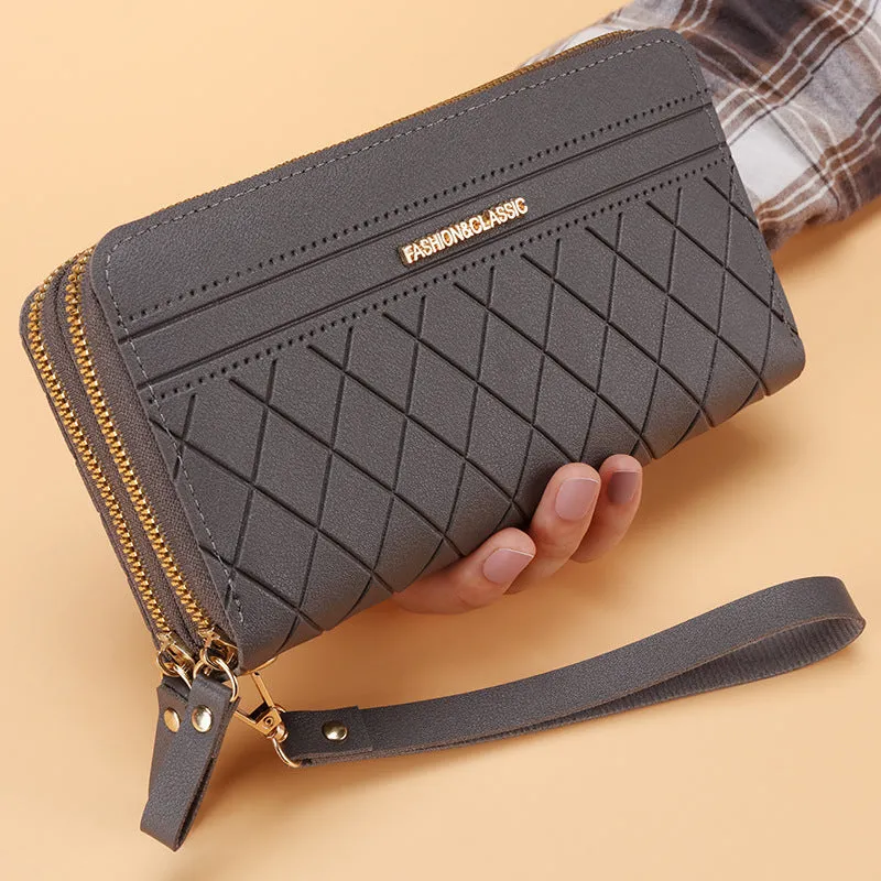 Women's long double zipper wallet in PU leather with multiple card slots – 19cm length, 10.5cm width
