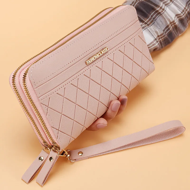 Women's long double zipper wallet in PU leather with multiple card slots – 19cm length, 10.5cm width