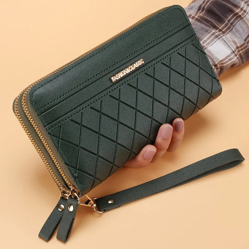Women's long double zipper wallet in PU leather with multiple card slots – 19cm length, 10.5cm width
