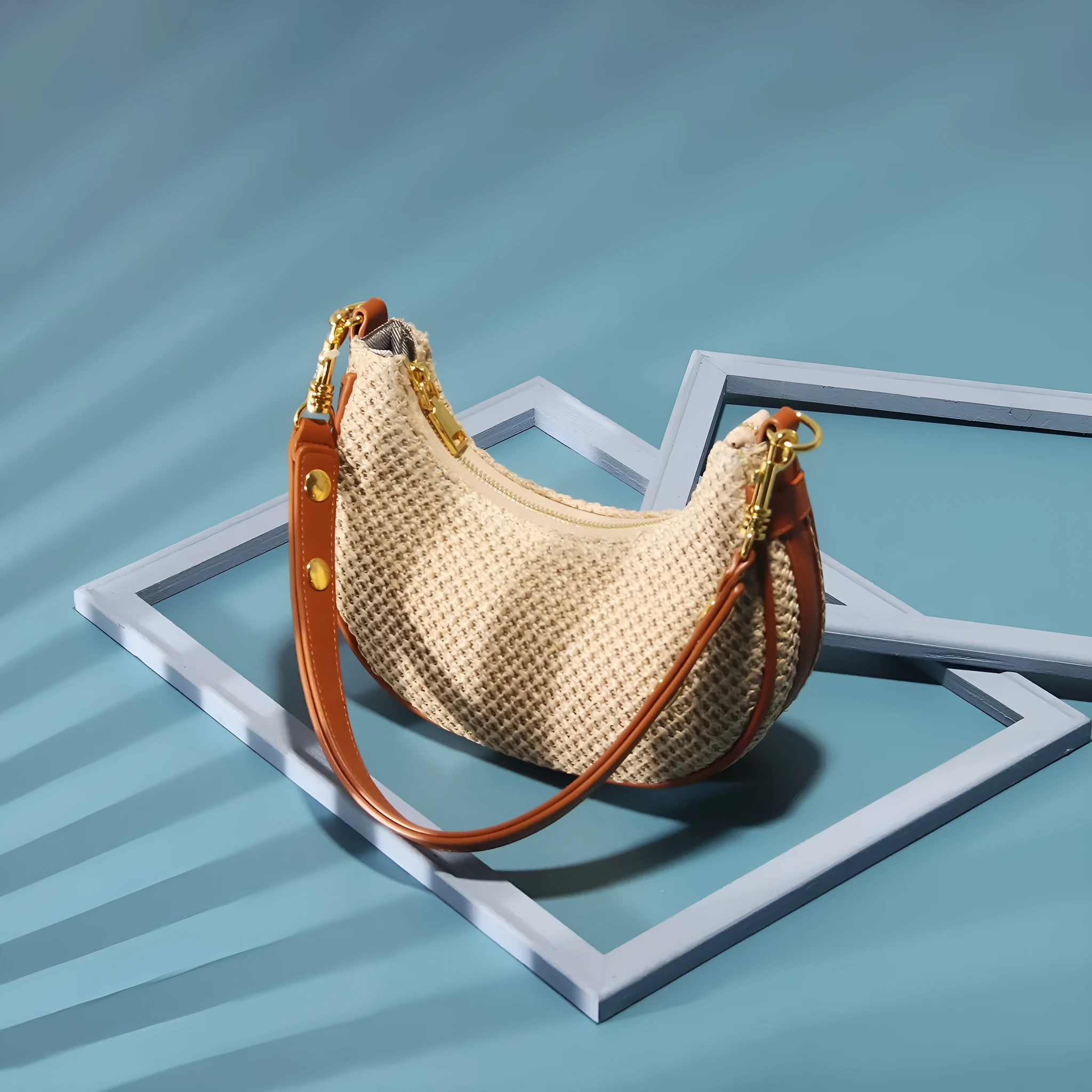 Straw all-match shoulder underarm bag women's niche messenger bag PU brown colour horizontal square shape sewing thread detail