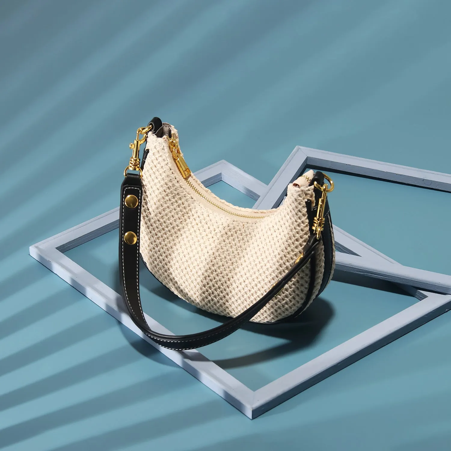 Straw all-match shoulder underarm bag women's niche messenger bag PU brown colour horizontal square shape sewing thread detail
