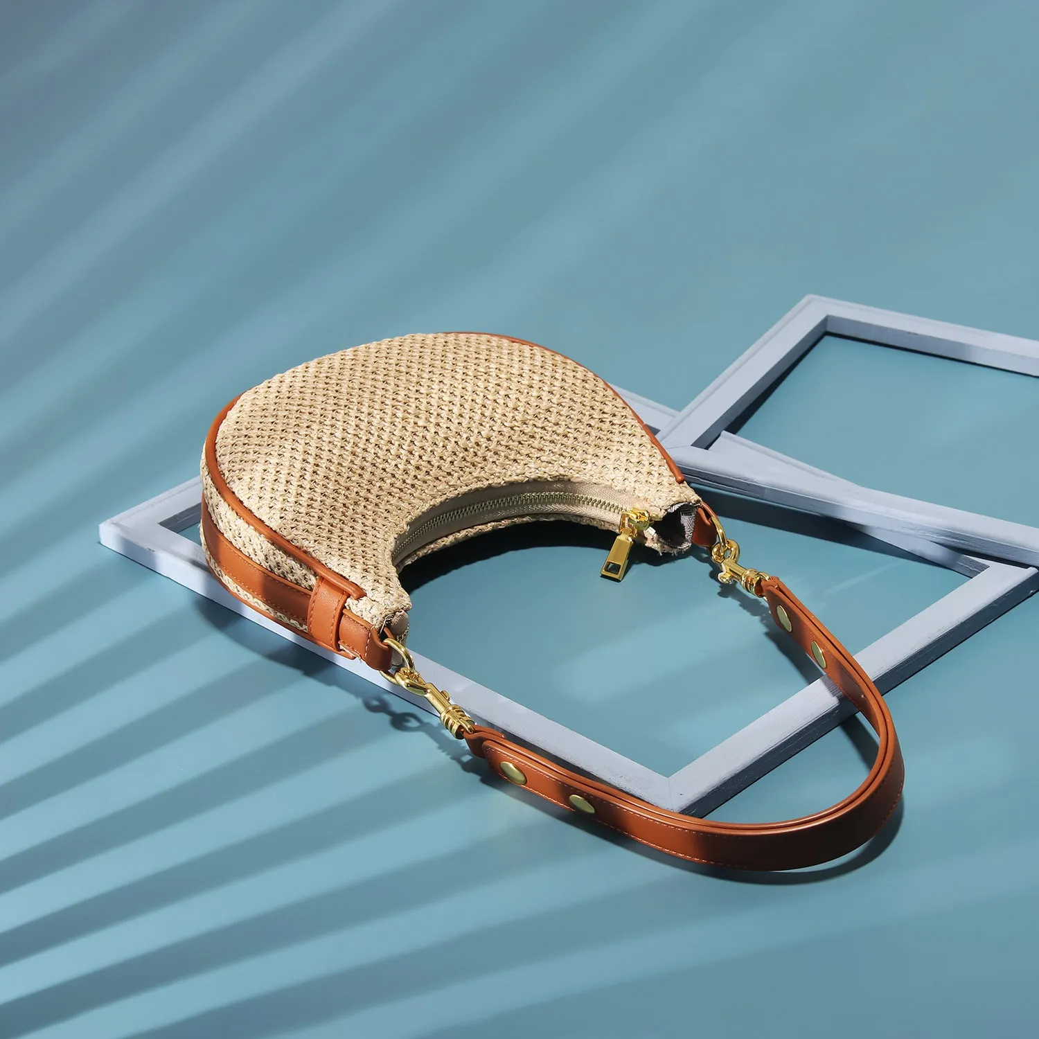 Straw all-match shoulder underarm bag women's niche messenger bag PU brown colour horizontal square shape sewing thread detail
