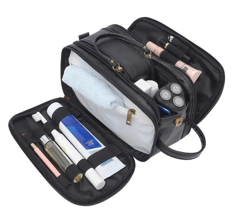 Men's black and brown solid colour waterproof PU toiletry bag with internal zip compartments