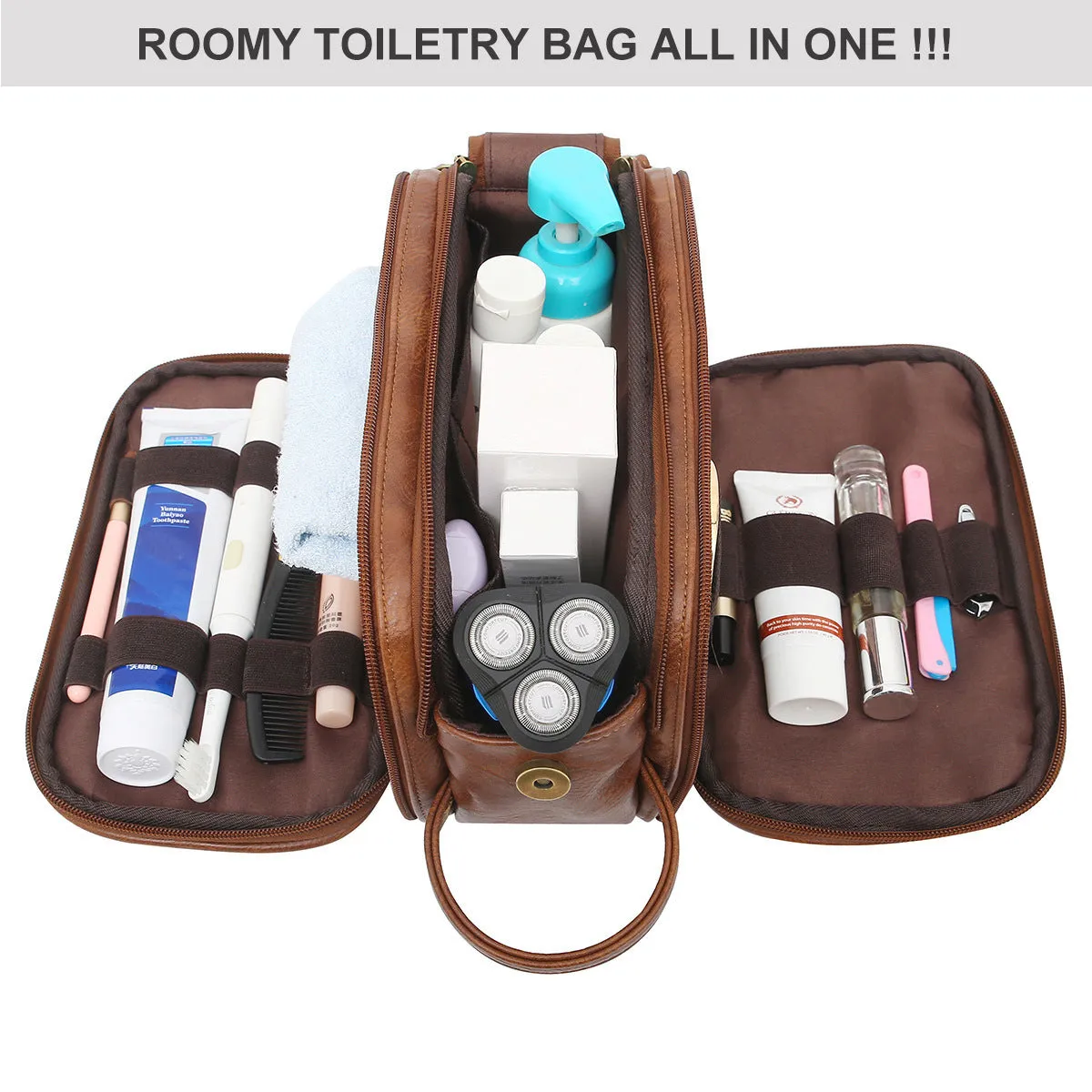 Men's black and brown solid colour waterproof PU toiletry bag with internal zip compartments