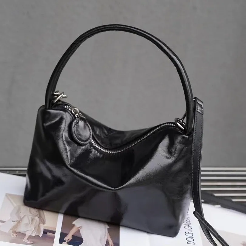 Genuine leather patent glossy shoulder underarm bag in horizontal square shape with internal pockets