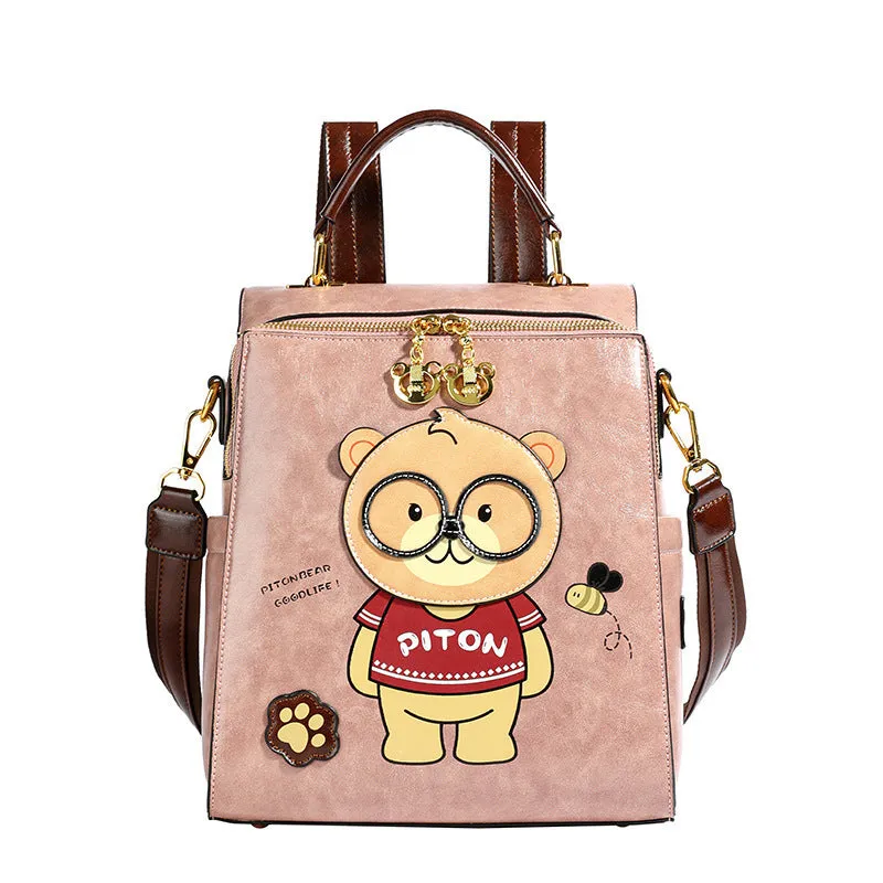Cartoon bear female large capacity retro sling backpack in creamy-white with sewing line detail