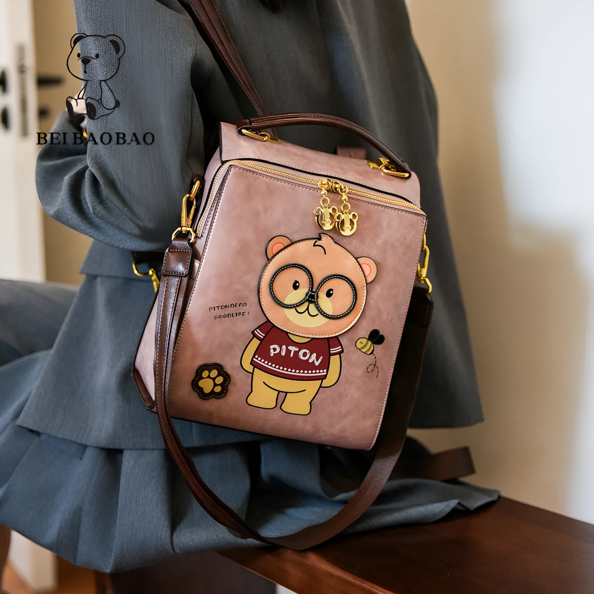 Cartoon bear female large capacity retro sling backpack in creamy-white with sewing line detail