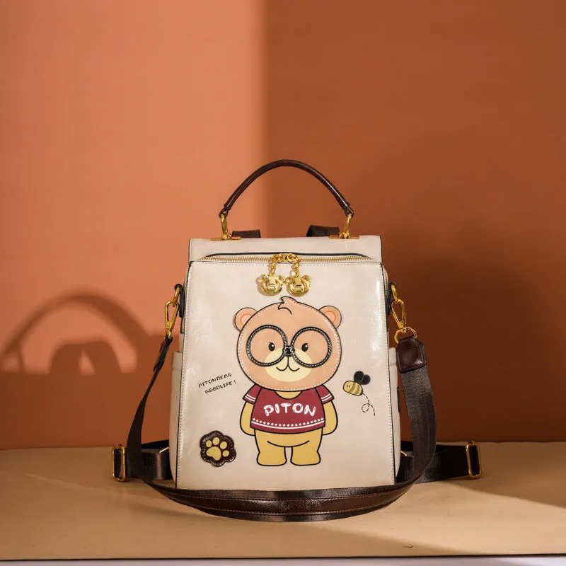 Cartoon bear female large capacity retro sling backpack in creamy-white with sewing line detail