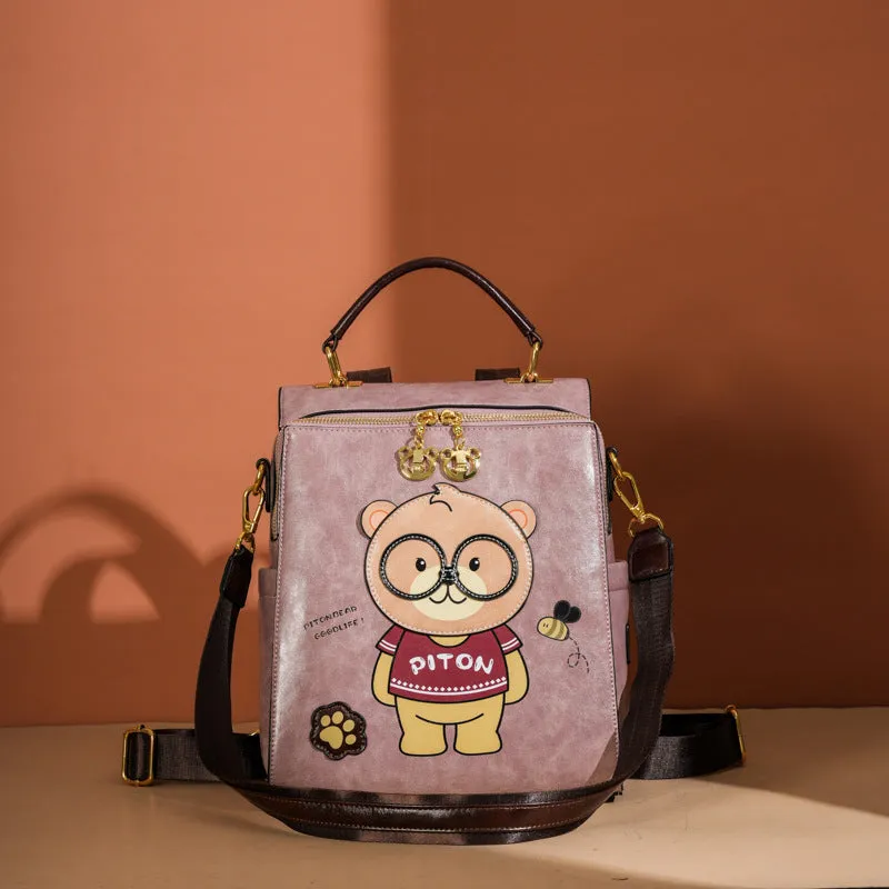 Cartoon bear female large capacity retro sling backpack in creamy-white with sewing line detail
