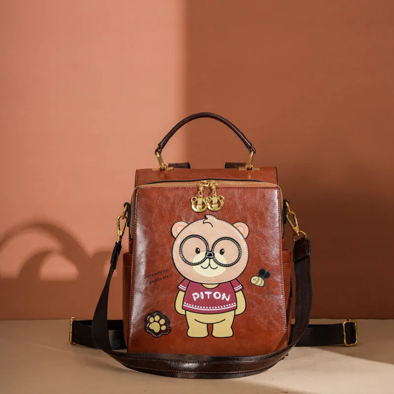Cartoon bear female large capacity retro sling backpack in creamy-white with sewing line detail