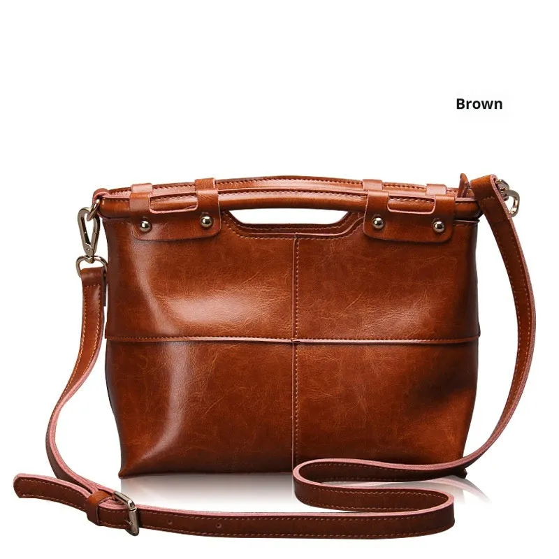 Genuine leather messenger bag for women in Black, European American retro style with sandwich pocket and single shoulder strap