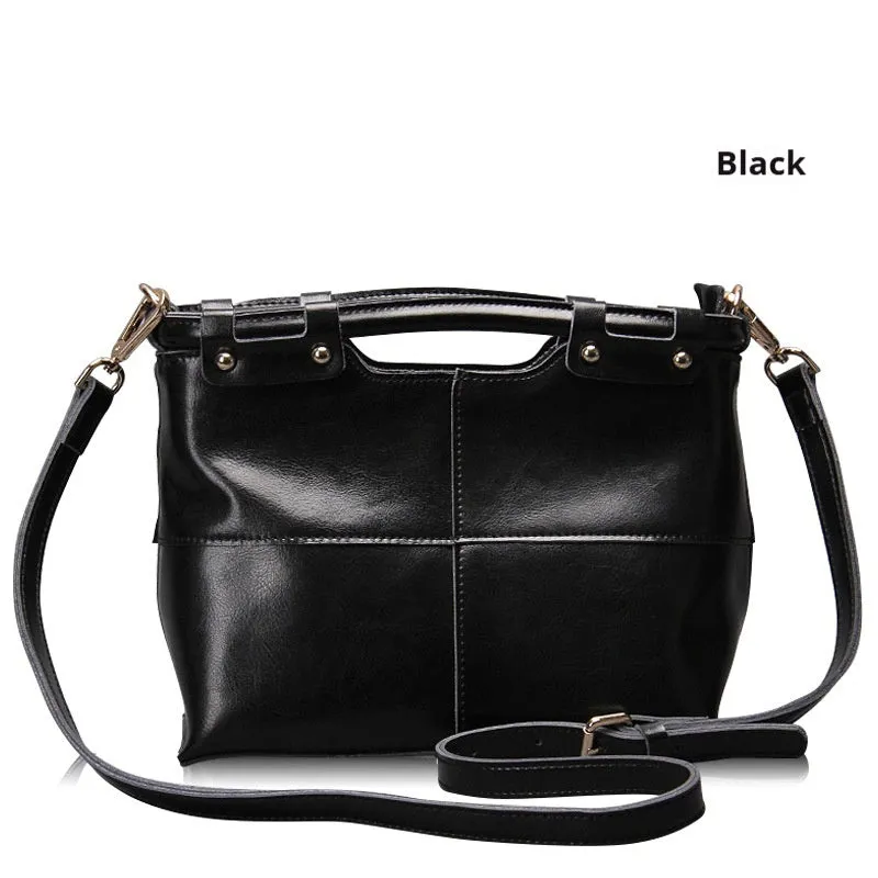 Genuine leather messenger bag for women in Black, European American retro style with sandwich pocket and single shoulder strap