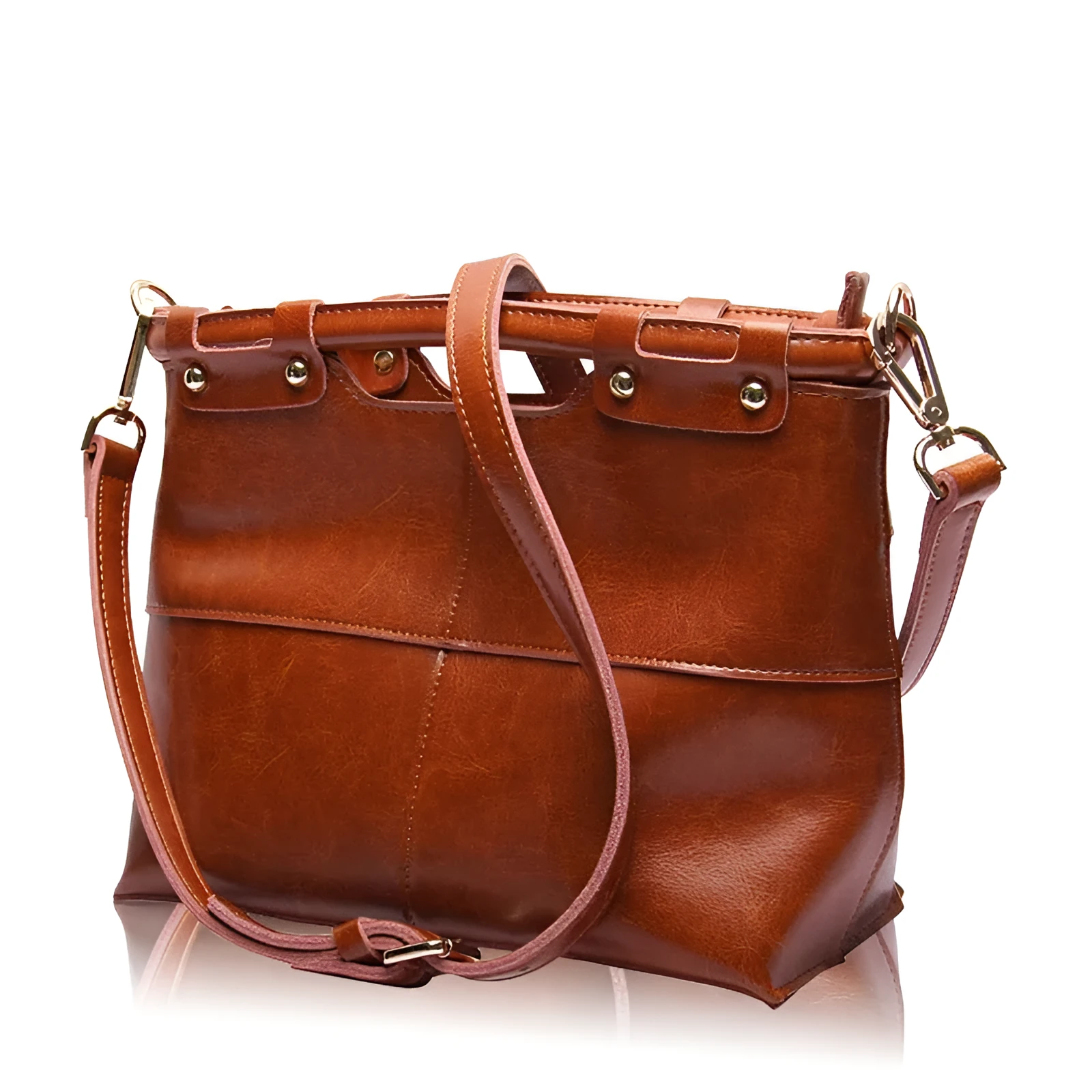 Genuine leather messenger bag for women in Black, European American retro style with sandwich pocket and single shoulder strap