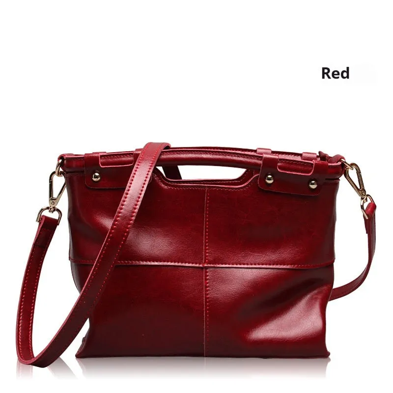 Genuine leather messenger bag for women in Black, European American retro style with sandwich pocket and single shoulder strap