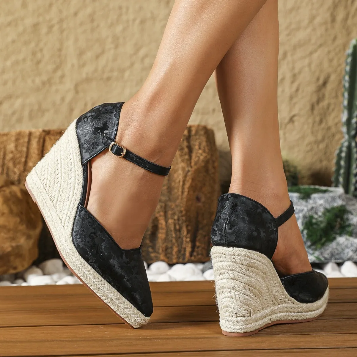 Wedge platform high heel pumps with straw woven hemp rope bottom, pointed toe, hollowed sides, in black