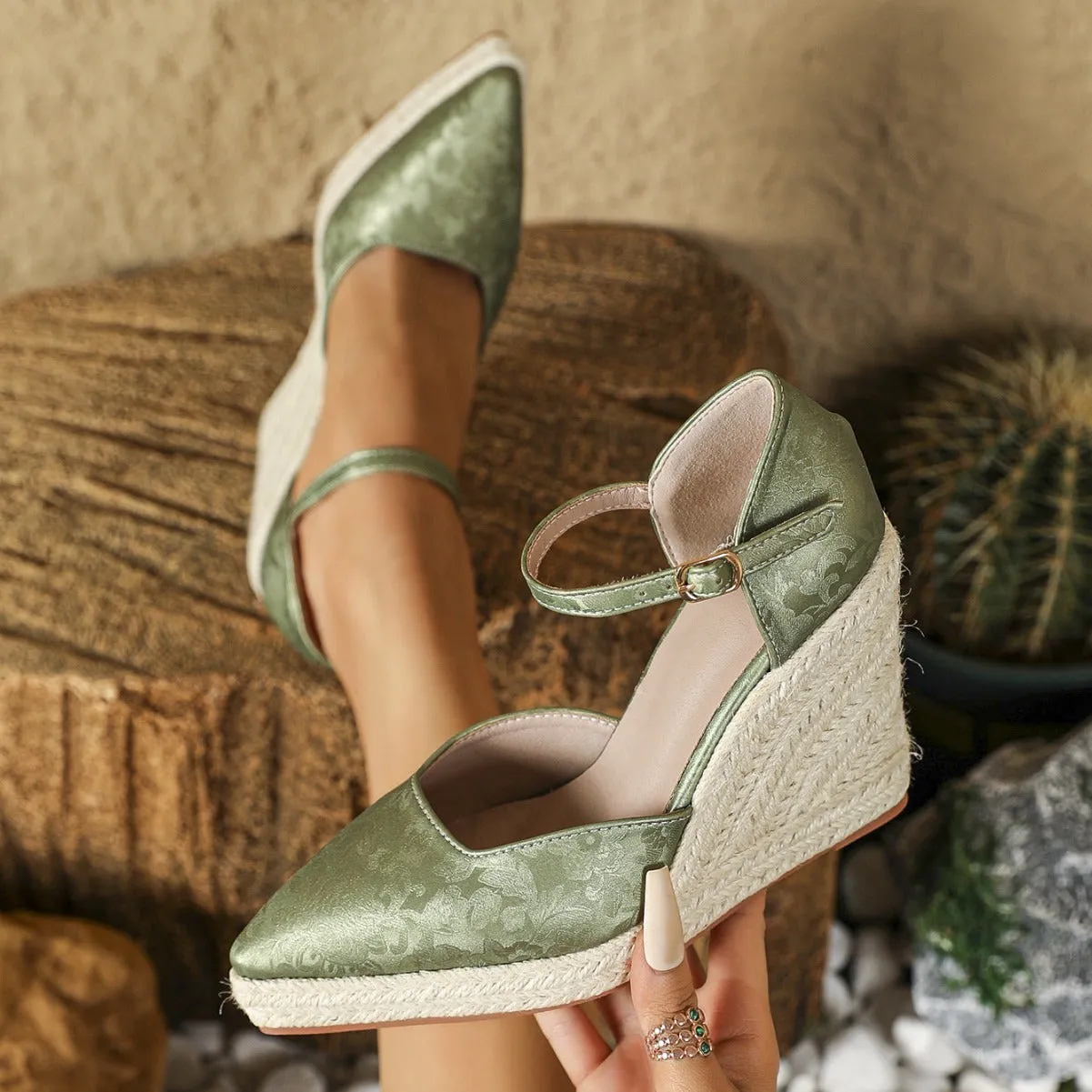 Wedge platform high heel pumps with straw woven hemp rope bottom, pointed toe, hollowed sides, in black