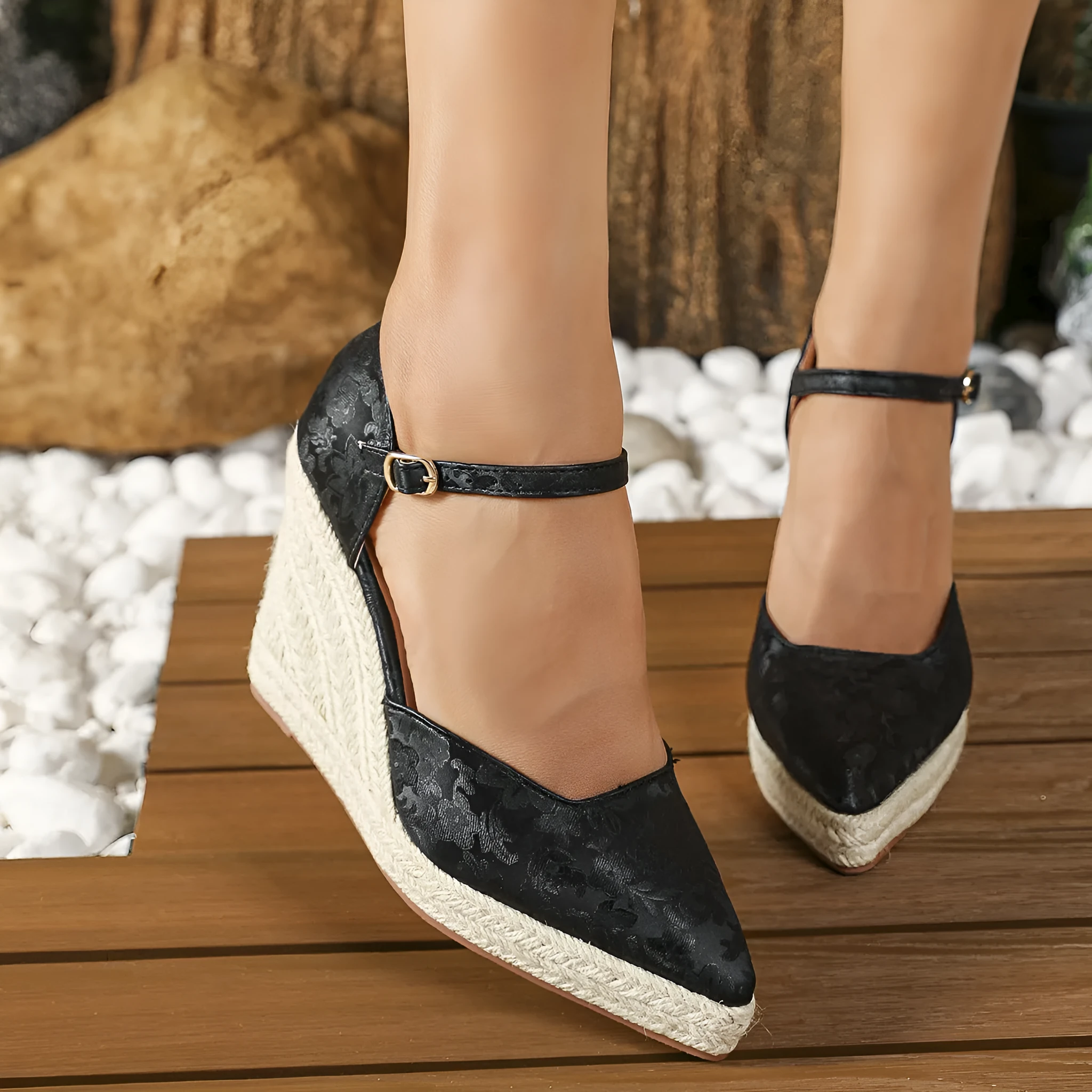 Wedge platform high heel pumps with straw woven hemp rope bottom, pointed toe, hollowed sides, in black
