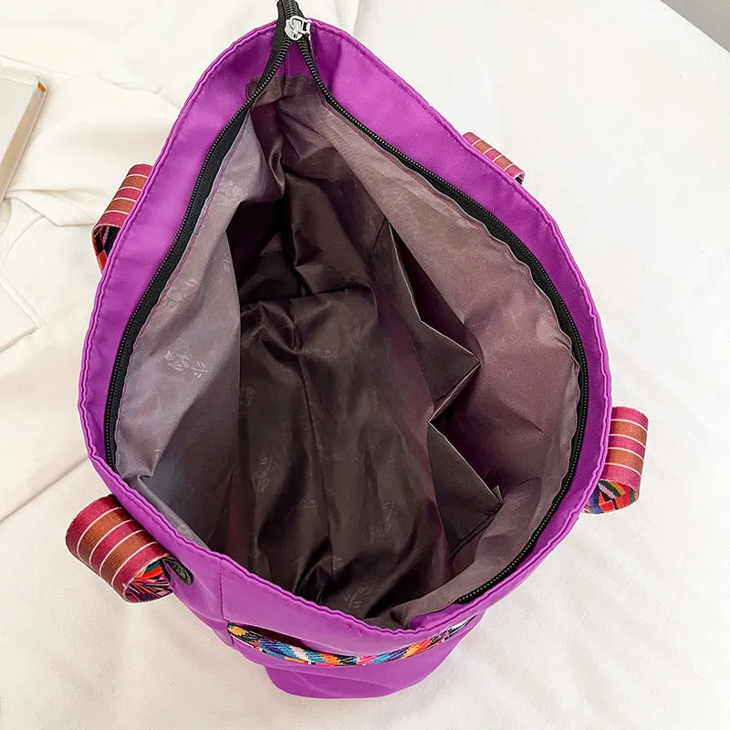 Women's Oxford cloth shoulder bag with double straps in purple colour, 34cm wide soft fabric horizontal shape
