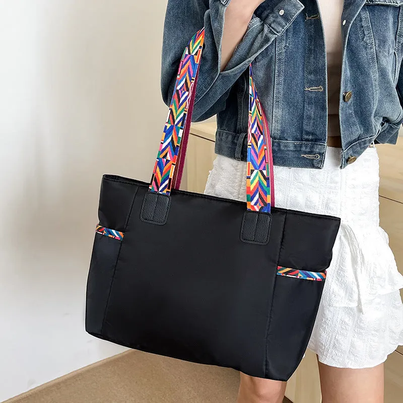 Women's Oxford cloth shoulder bag with double straps in purple colour, 34cm wide soft fabric horizontal shape