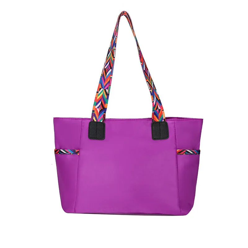 Women's Oxford cloth shoulder bag with double straps in purple colour, 34cm wide soft fabric horizontal shape