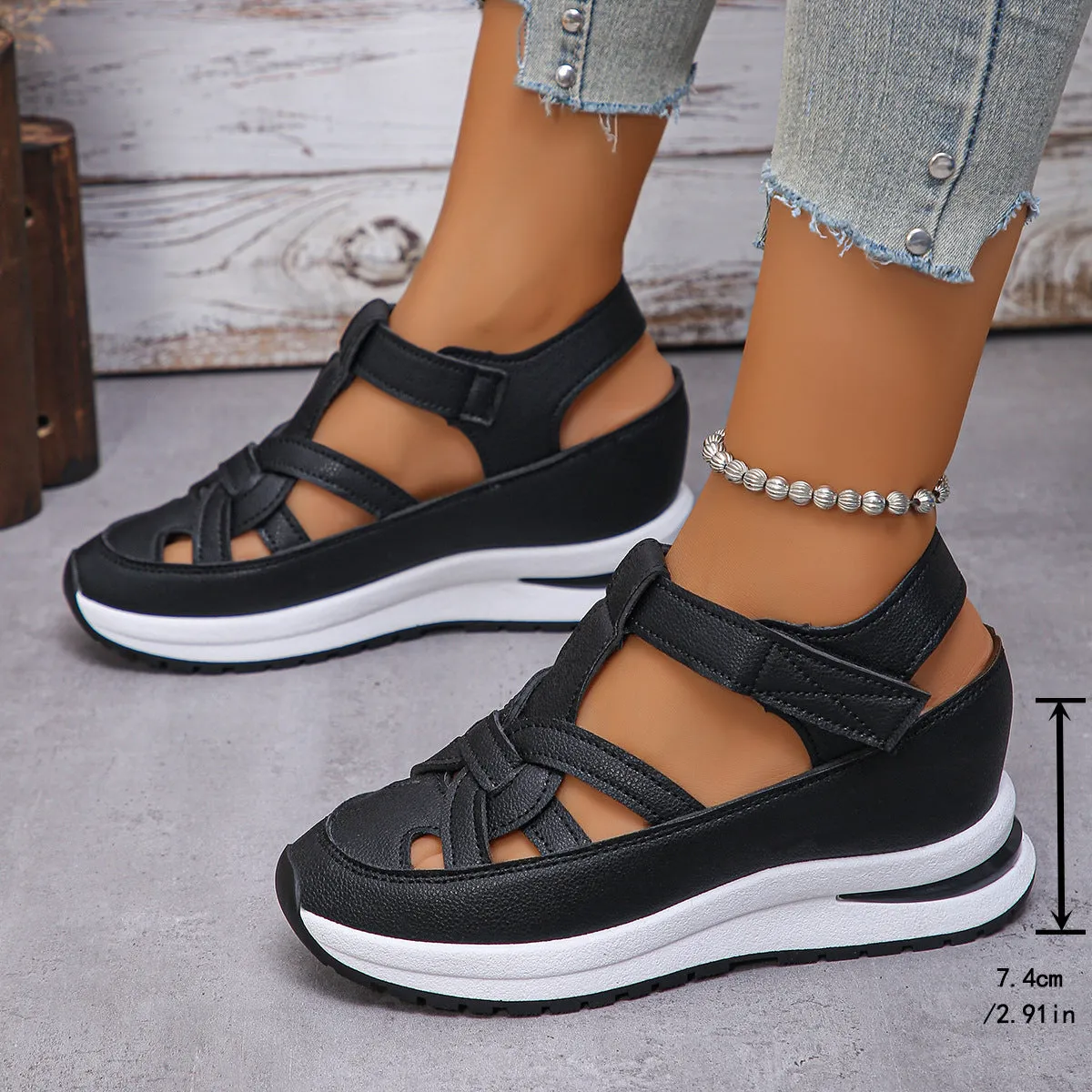 Wedge Roman women's platform casual shoes in black with Velcro fastening and round toe