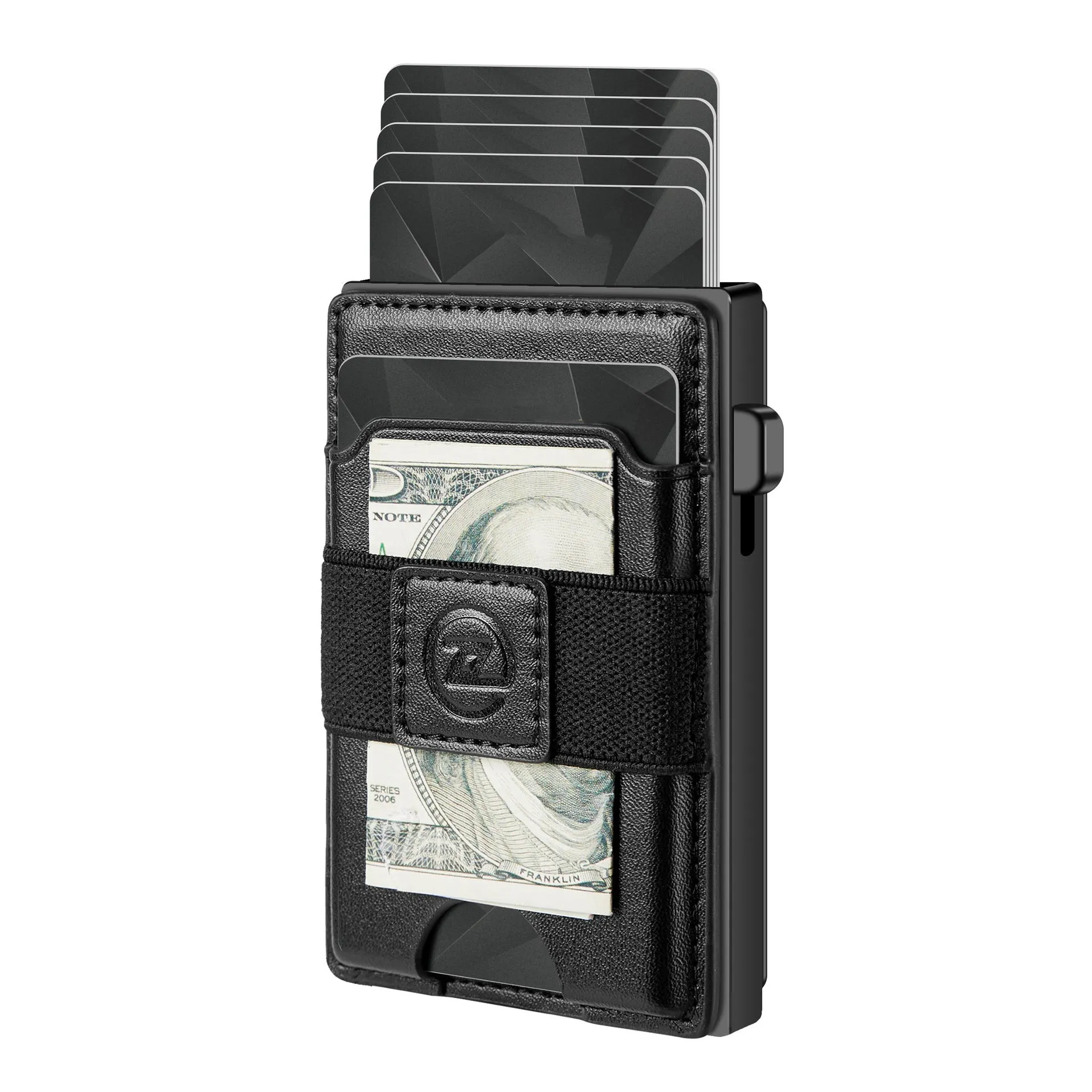 Two-in-one detachable magnetic card holder wallet with automatic cassette in black, brown, and carbon fibre pattern black, PU leather construction.