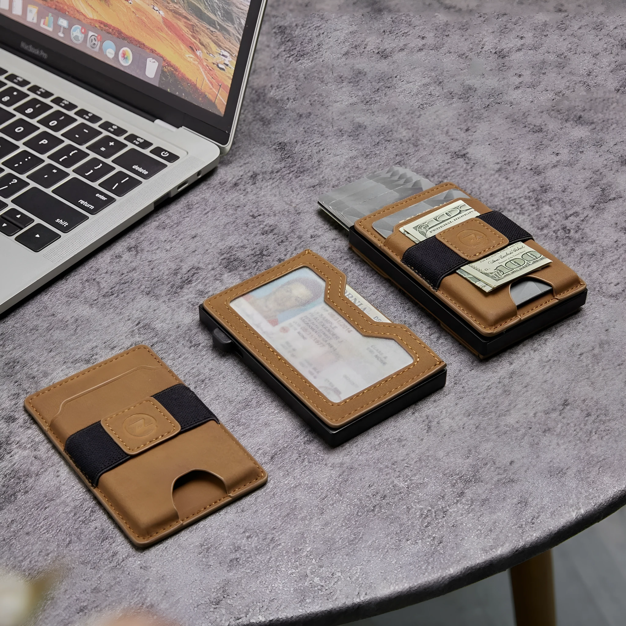 Two-in-one detachable magnetic card holder wallet with automatic cassette in black, brown, and carbon fibre pattern black, PU leather construction.