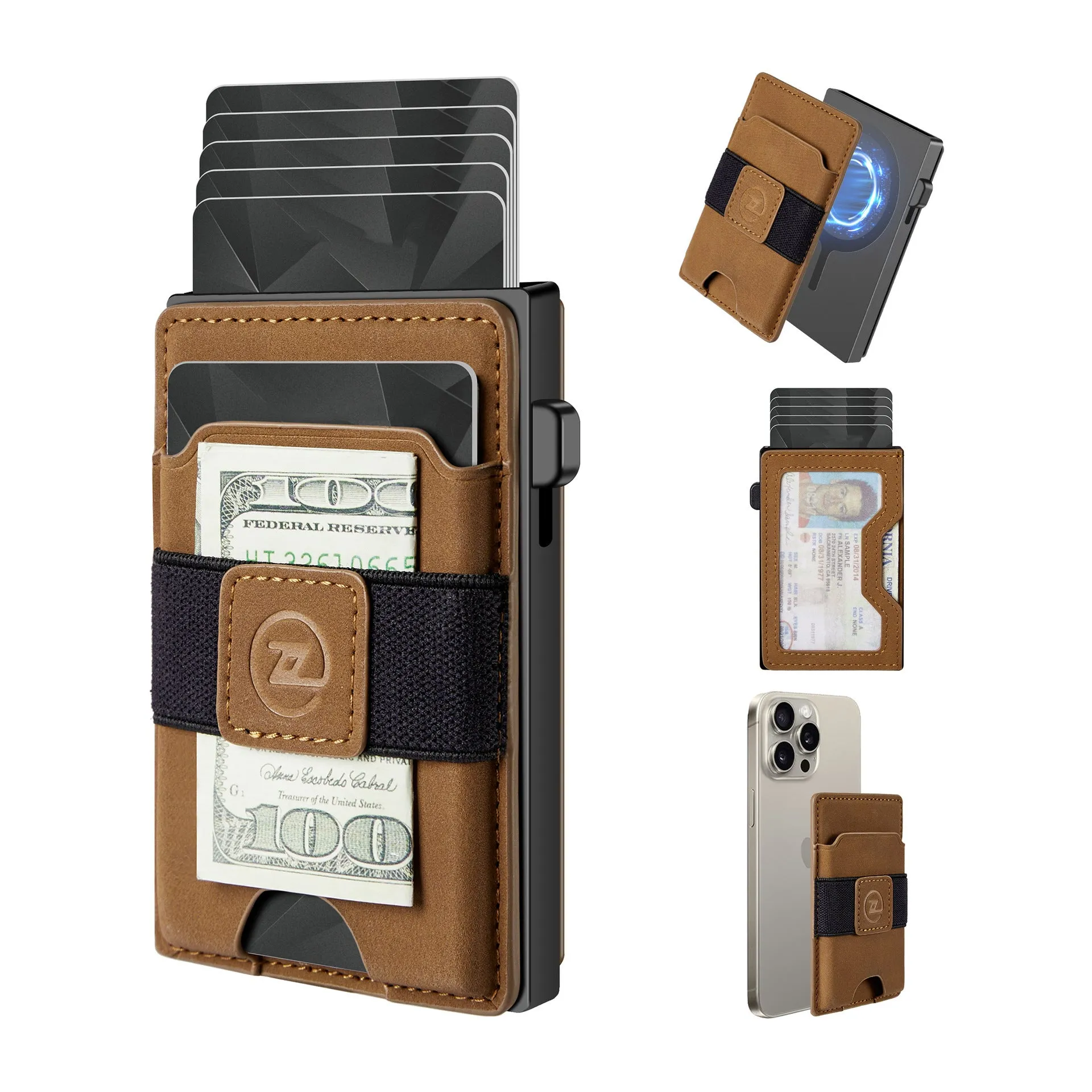 Two-in-one detachable magnetic card holder wallet with automatic cassette in black, brown, and carbon fibre pattern black, PU leather construction.