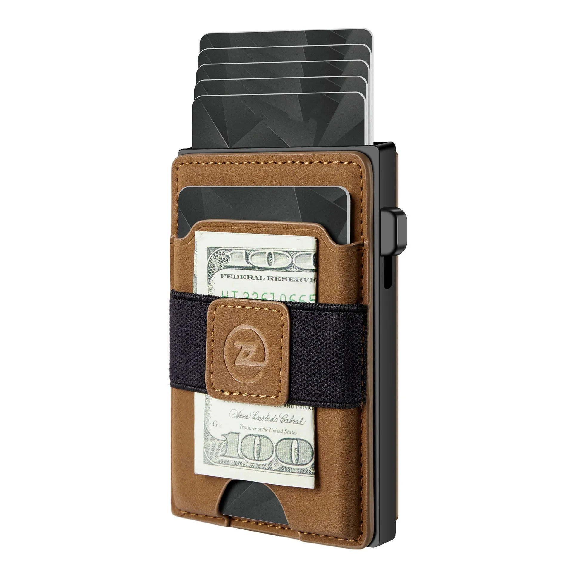 Two-in-one detachable magnetic card holder wallet with automatic cassette in black, brown, and carbon fibre pattern black, PU leather construction.