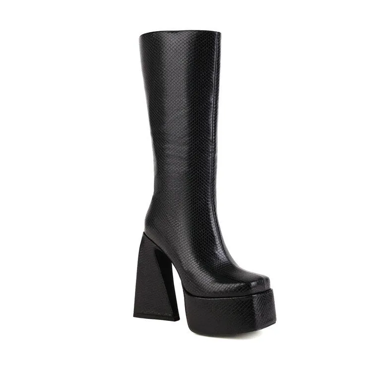 Women's high boots in black, red, blue, and white colours showing artificial PU material and casual style