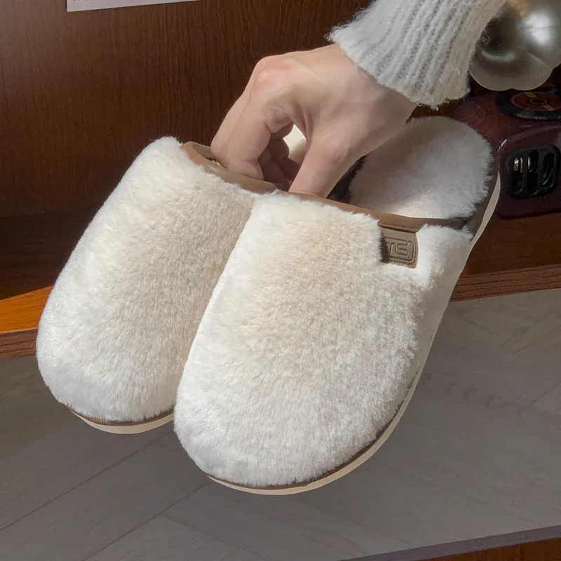 A pair of solid-colour winter plush slippers with a non-slip PVC sole, shown in a selection of available colours.