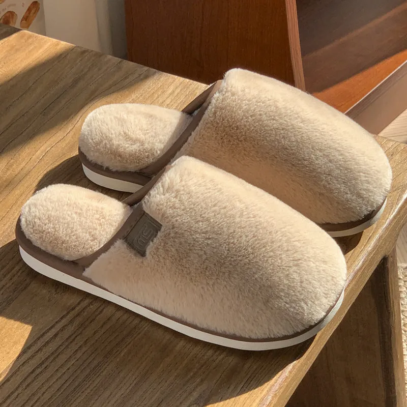 A pair of solid-colour winter plush slippers with a non-slip PVC sole, shown in a selection of available colours.