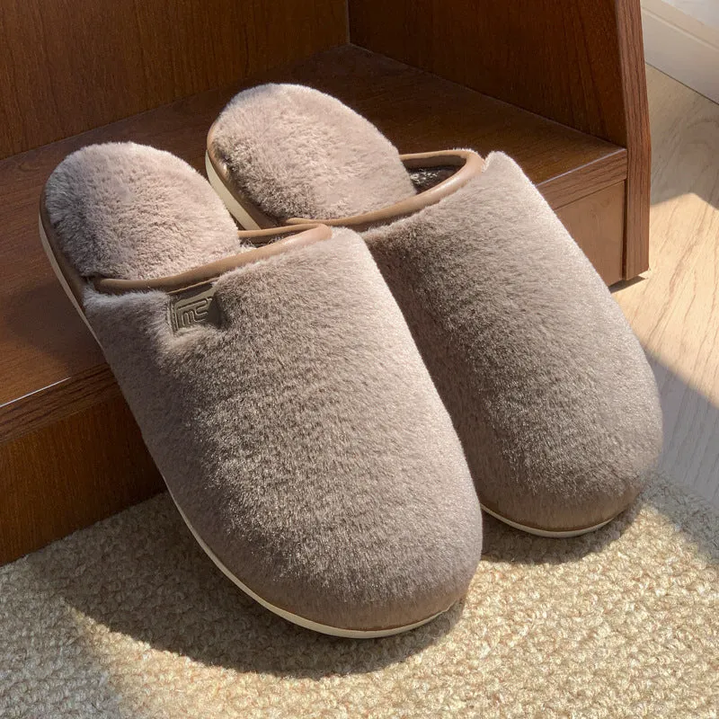 A pair of solid-colour winter plush slippers with a non-slip PVC sole, shown in a selection of available colours.