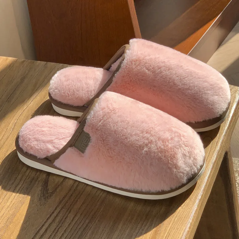 A pair of solid-colour winter plush slippers with a non-slip PVC sole, shown in a selection of available colours.