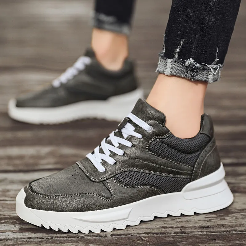 Men's black invisible wedge hidden heel casual sports shoes with synthetic leather upper and rubber sole, side view